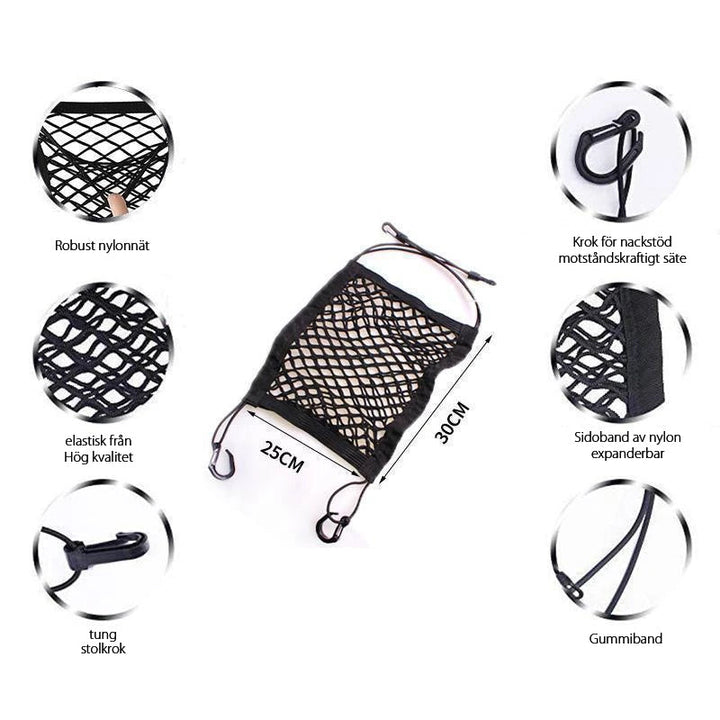 "Svart förvaringsnät för bilsäte med flexibel fyrsidig mesh. Slitstarkt nylon, organiserar resor, 25x30 cm."