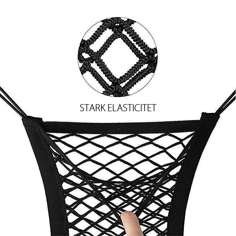 "Svart förvaringsnät för bilsäte med flexibel fyrsidig mesh. Slitstarkt nylon, organiserar resor, 25x30 cm."