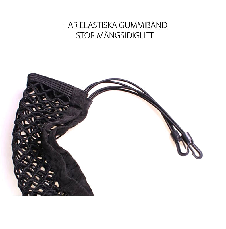 "Svart förvaringsnät för bilsäte med flexibel fyrsidig mesh. Slitstarkt nylon, organiserar resor, 25x30 cm."