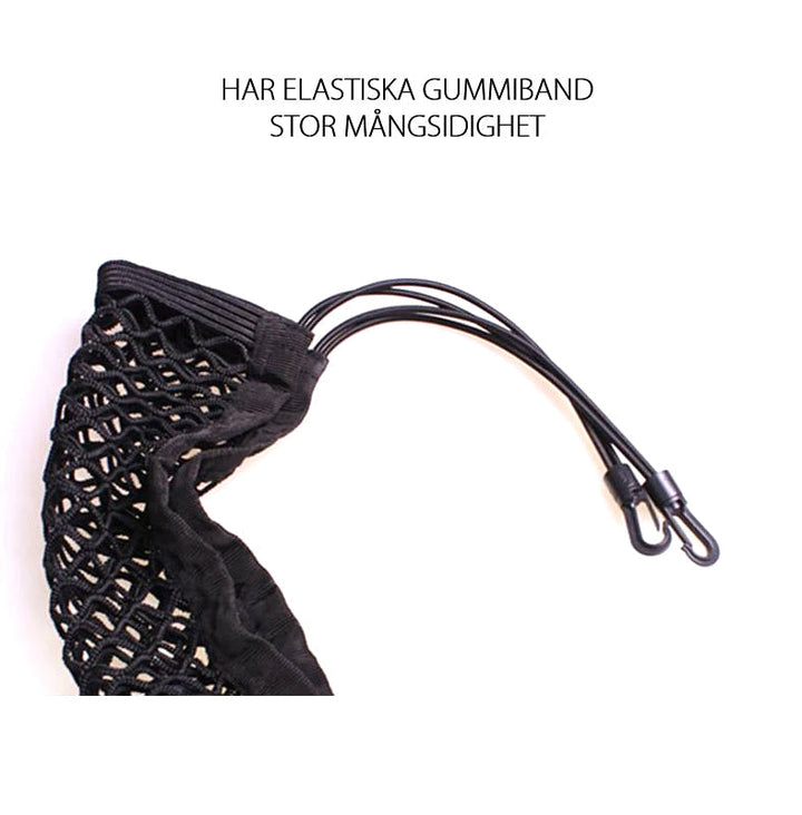 "Svart förvaringsnät för bilsäte med flexibel fyrsidig mesh. Slitstarkt nylon, organiserar resor, 25x30 cm."