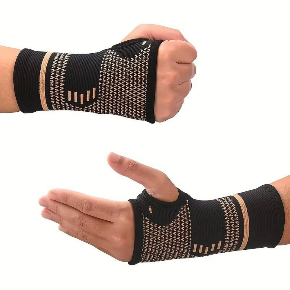 "Svart handledsstöd med kopparfibrer, ger kompression och värme för stabilitet, passar både vänster och höger hand."