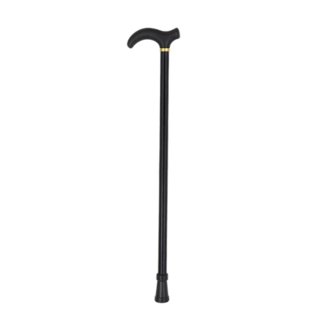 "Svart justerbar aluminiumkäpp med ergonomiskt handtag och halksäker gummifot för stabilitet och balans."