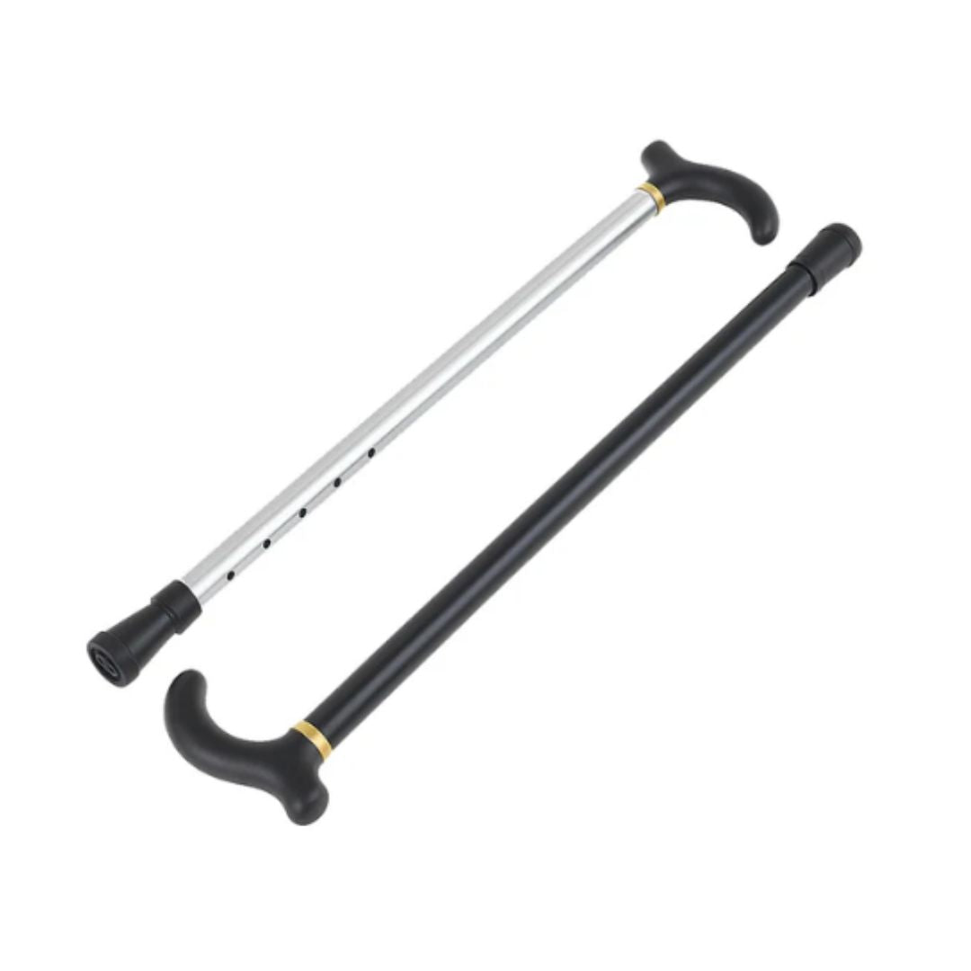 "Svart justerbar aluminiumkäpp med ergonomiskt handtag och halksäker gummifot för stabilitet och balans."