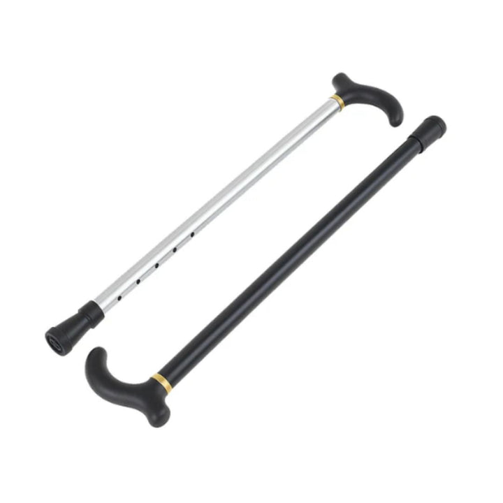 "Svart justerbar aluminiumkäpp med ergonomiskt handtag och halksäker gummifot för stabilitet och balans."