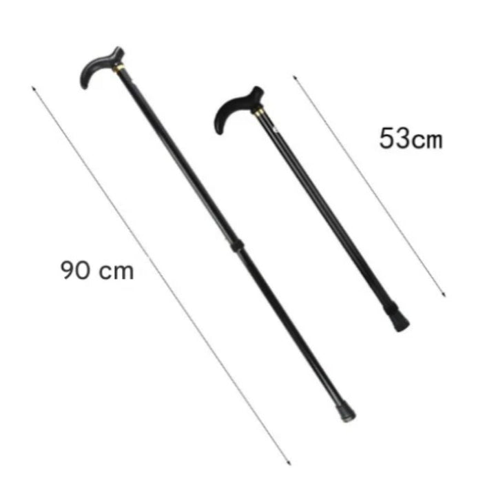 "Svart justerbar aluminiumkäpp med ergonomiskt handtag och halksäker gummifot för stabilitet och balans."