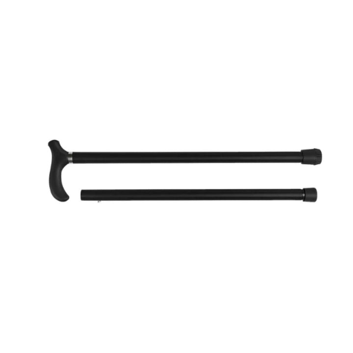 "Svart justerbar aluminiumkäpp med ergonomiskt handtag och halksäker gummifot för stabilitet och balans."