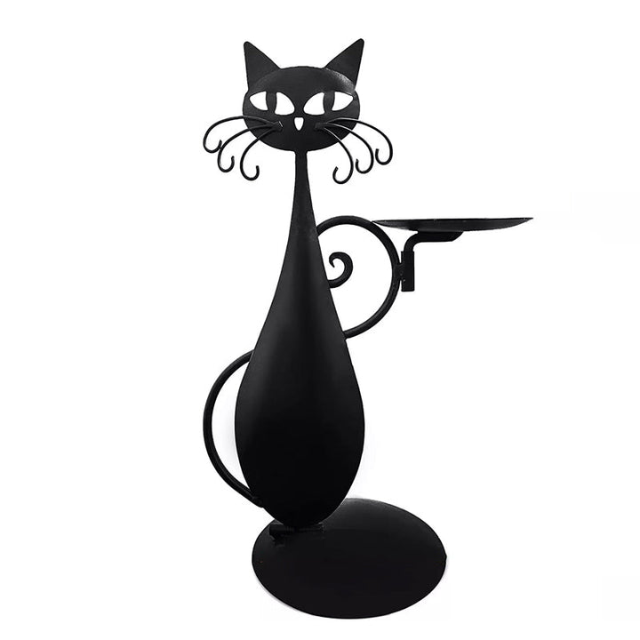 "Svart katt-design ljusstake i metall, handgjord med elegant svart yta, perfekt för heminredning och unik dekoration."