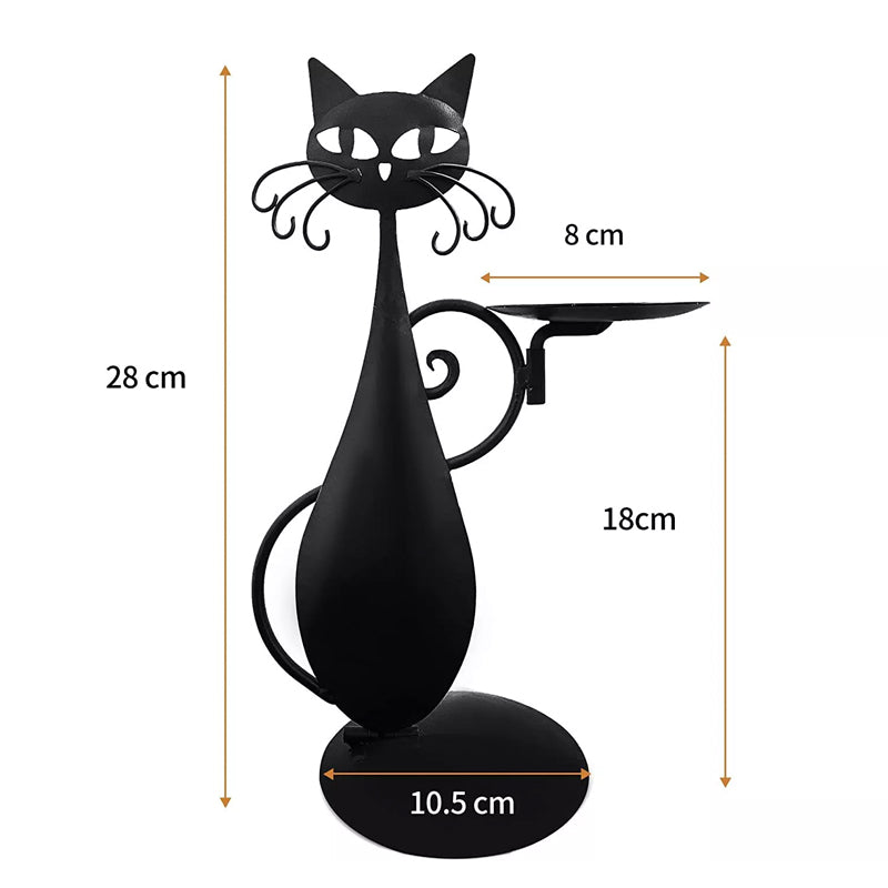 "Svart katt-design ljusstake i metall, handgjord med elegant svart yta, perfekt för heminredning och unik dekoration."