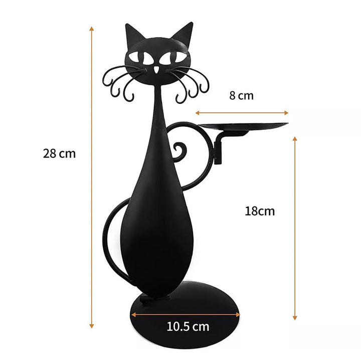 "Svart katt-design ljusstake i metall, handgjord med elegant svart yta, perfekt för heminredning och unik dekoration."