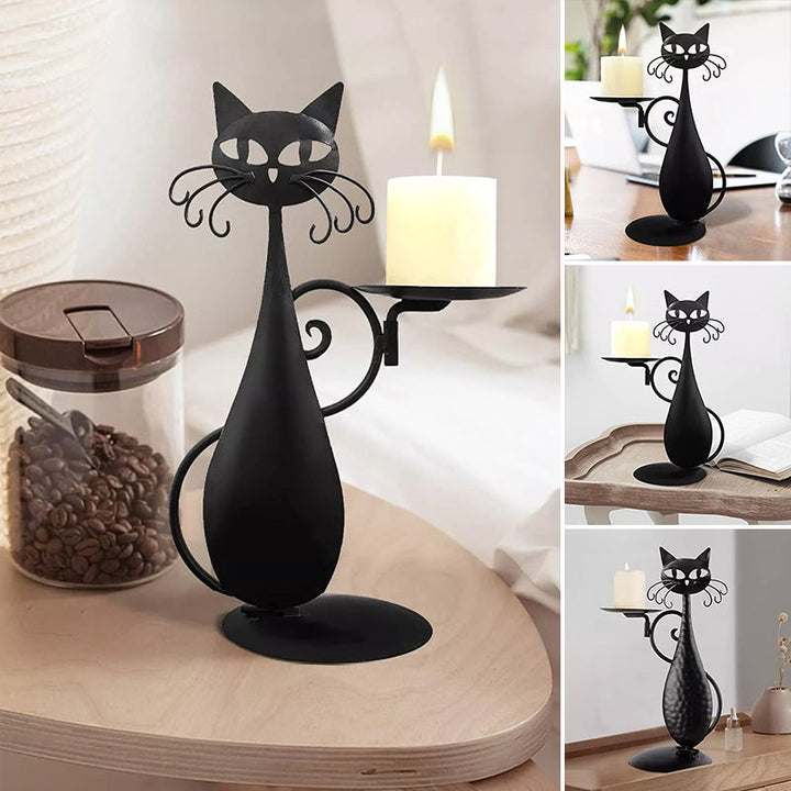 "Svart katt-design ljusstake i metall, handgjord med elegant svart yta, perfekt för heminredning och unik dekoration."