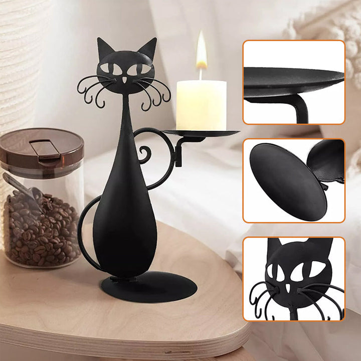 "Svart katt-design ljusstake i metall, handgjord med elegant svart yta, perfekt för heminredning och unik dekoration."