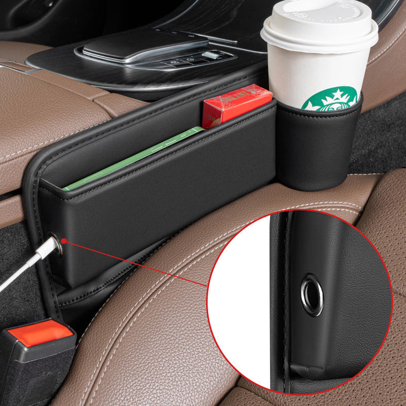 "Svart läderförvaringsbox för bilsätesgapp. Stilren design, enkel installation, förhindrar föremål från att falla ner."