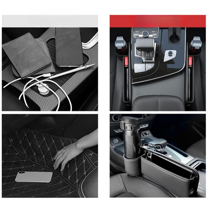 "Svart läderförvaringsbox för bilsätesgapp. Stilren design, enkel installation, förhindrar föremål från att falla ner."