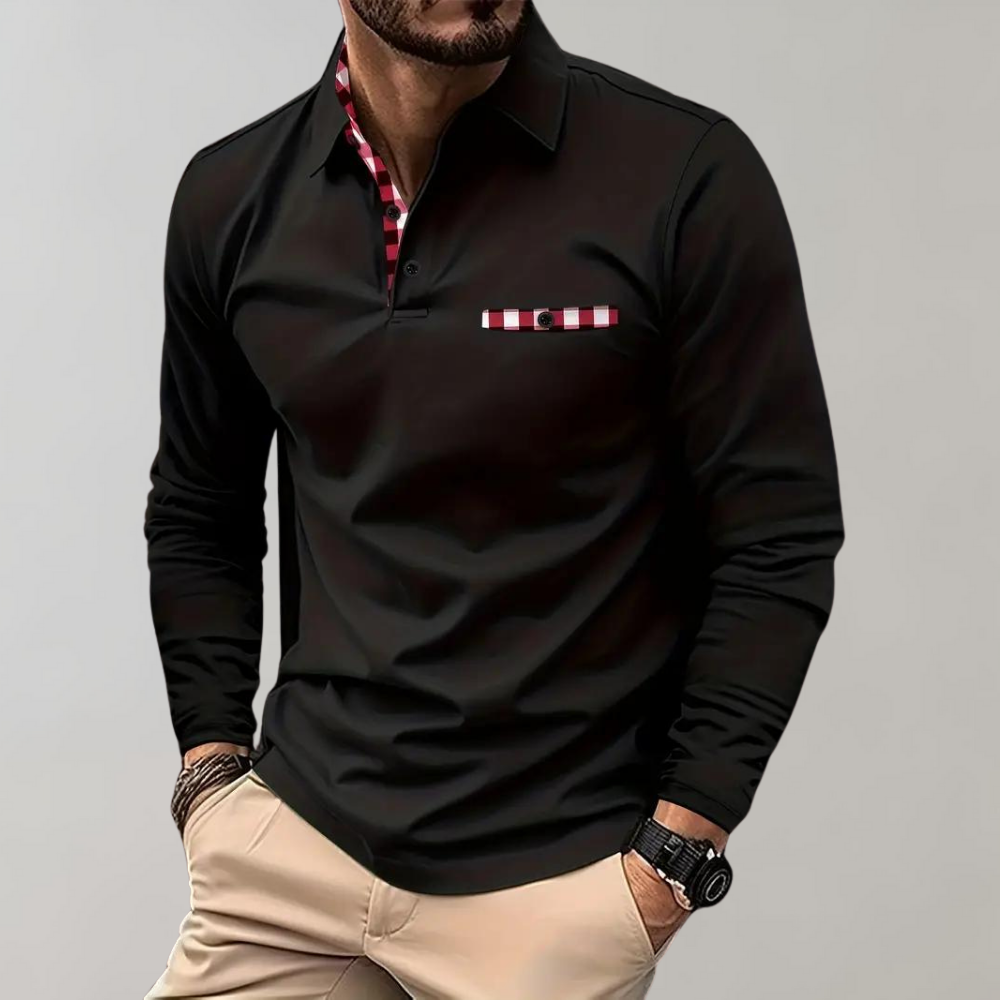 "Svart långärmad herr T-shirt, modern och stilren design med mjukt tyg, perfekt för lager-på-lager och kuranta outfits."