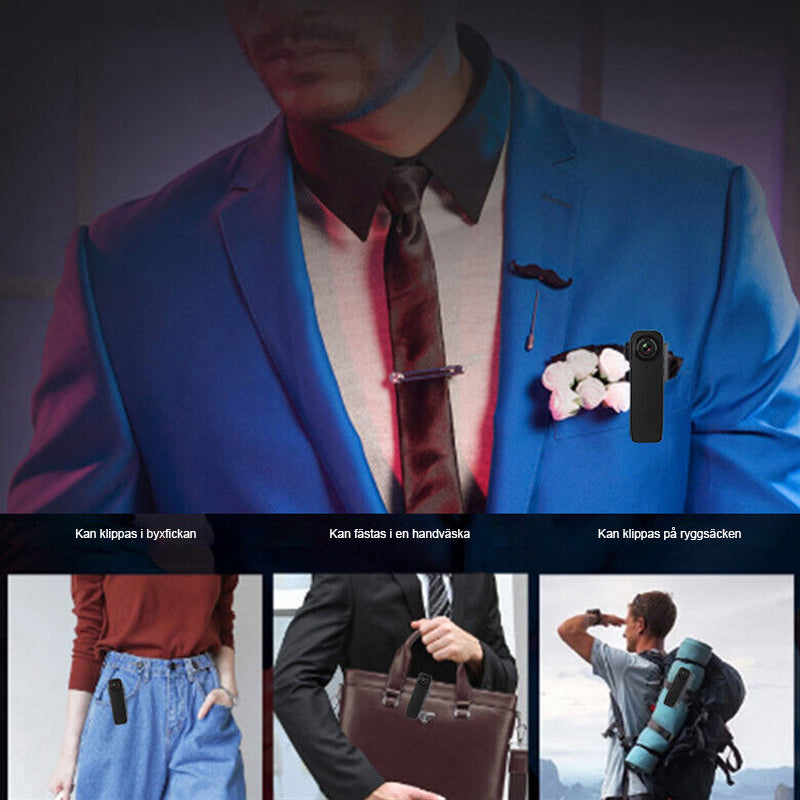 "Svart mini kroppskamera för videoinspelning, kompakt och lätt design med vidvinkelobjektiv och högupplöst kvalitet."