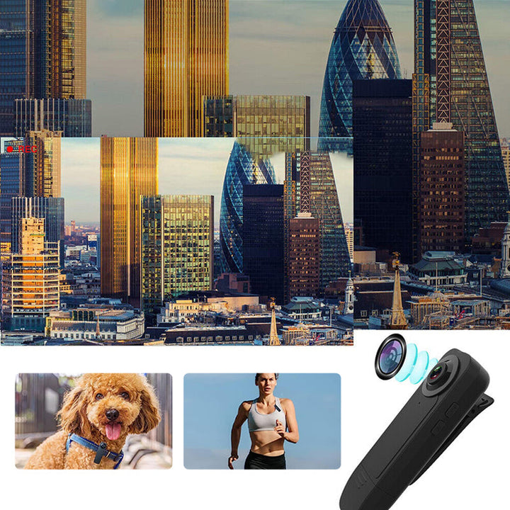 "Svart mini kroppskamera för videoinspelning, kompakt och lätt design med vidvinkelobjektiv och högupplöst kvalitet."