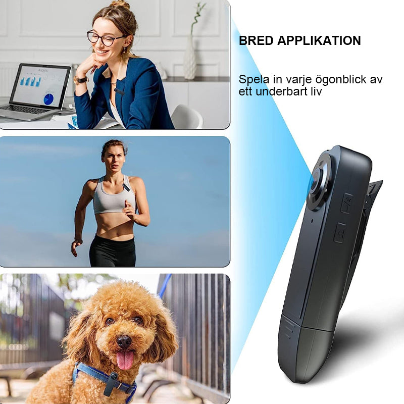 "Svart mini kroppskamera för videoinspelning, kompakt och lätt design med vidvinkelobjektiv och högupplöst kvalitet."