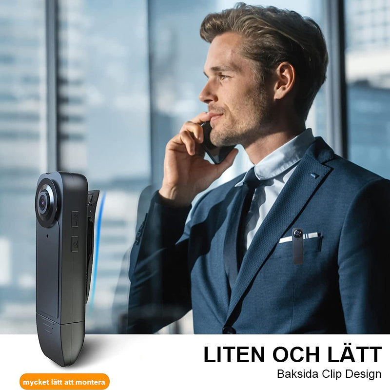 "Svart mini kroppskamera för videoinspelning, kompakt och lätt design med vidvinkelobjektiv och högupplöst kvalitet."