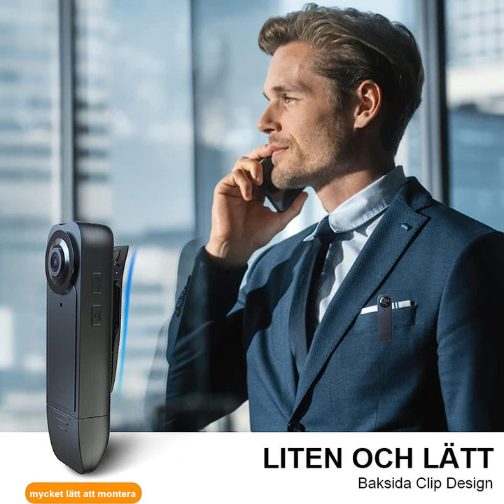 "Svart mini kroppskamera för videoinspelning, kompakt och lätt design med vidvinkelobjektiv och högupplöst kvalitet."