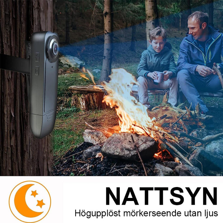 "Svart mini kroppskamera för videoinspelning, kompakt och lätt design med vidvinkelobjektiv och högupplöst kvalitet."