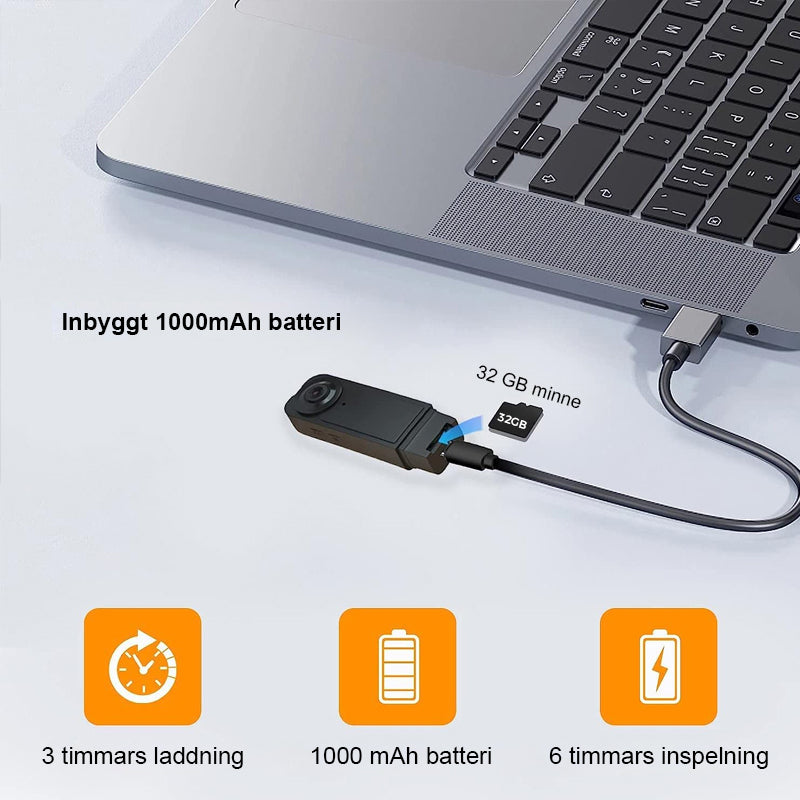 "Svart mini kroppskamera för videoinspelning, kompakt och lätt design med vidvinkelobjektiv och högupplöst kvalitet."