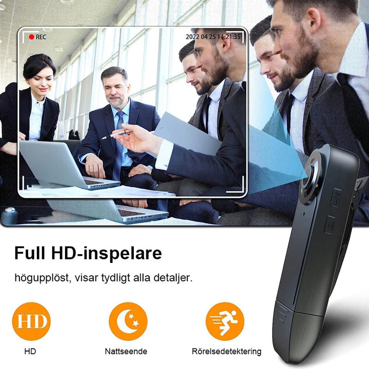 "Svart mini kroppskamera för videoinspelning, kompakt och lätt design med vidvinkelobjektiv och högupplöst kvalitet."