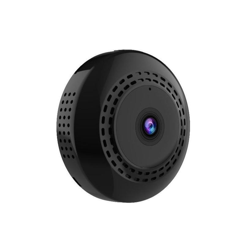 Svart mini WiFi-kamera för hem och bil, kompakt design, högupplöst video, night vision, magnetisk bas för enkel placering.