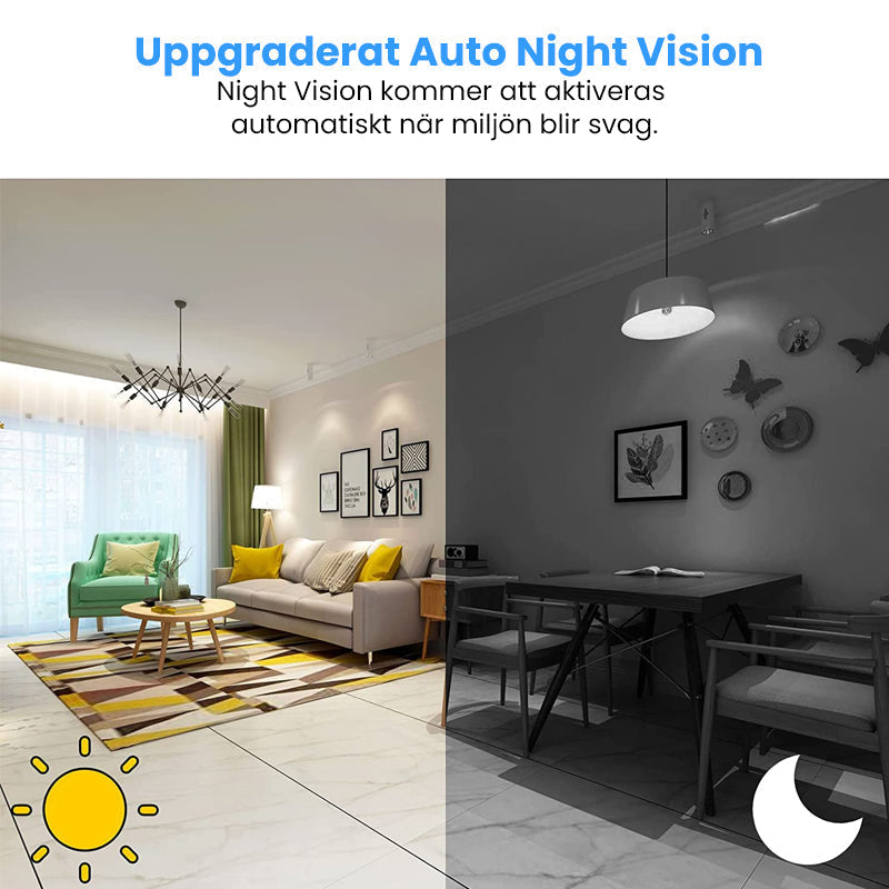 Svart mini WiFi-kamera för hem och bil, kompakt design, högupplöst video, night vision, magnetisk bas för enkel placering.