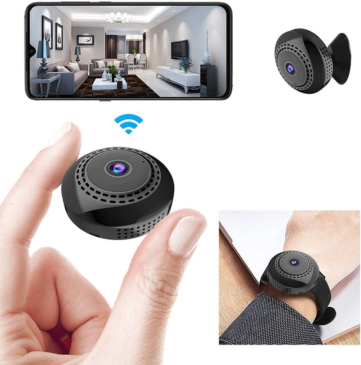 Svart mini WiFi-kamera för hem och bil, kompakt design, högupplöst video, night vision, magnetisk bas för enkel placering.
