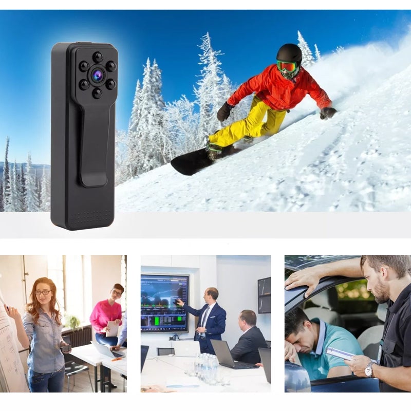 "Svart minikamera med 1080P FHD, ljudinspelning, nattläge, och kompakt design för säkerhet och övervakning"