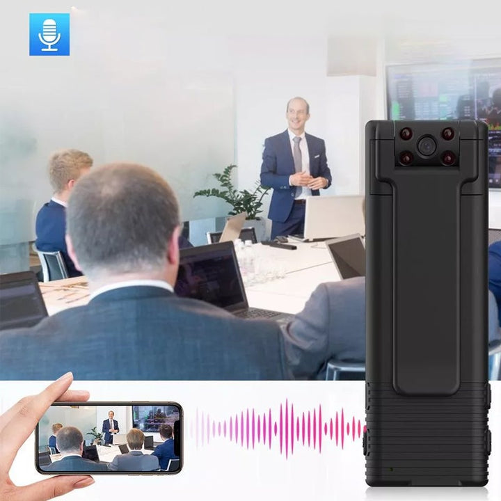 "Svart minikamera med 1080P FHD, ljudinspelning, nattläge, och kompakt design för säkerhet och övervakning"