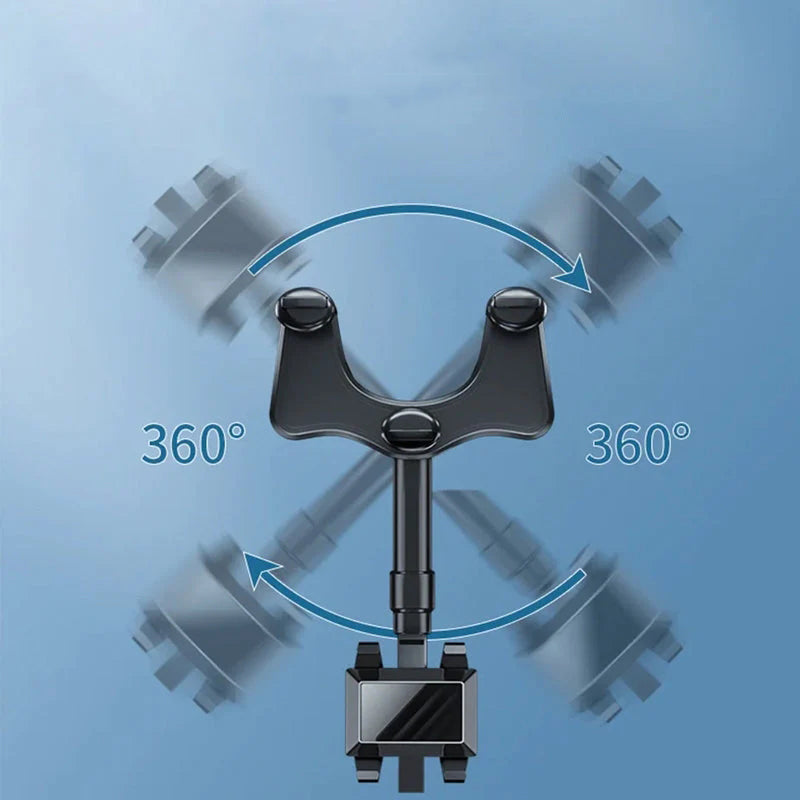 "Svart mobilhållare för backspegel i bil, multifunktionell design med 360-graders rotation och enkel enhandsdrift."
