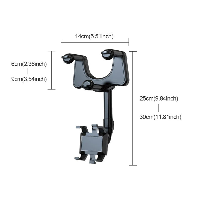 "Svart mobilhållare för backspegel i bil, multifunktionell design med 360-graders rotation och enkel enhandsdrift."