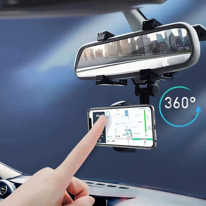 "Svart mobilhållare för backspegel i bil, multifunktionell design med 360-graders rotation och enkel enhandsdrift."