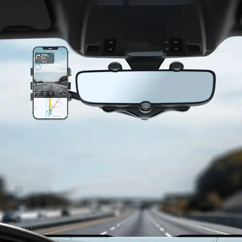 "Svart mobilhållare för backspegel i bil, multifunktionell design med 360-graders rotation och enkel enhandsdrift."