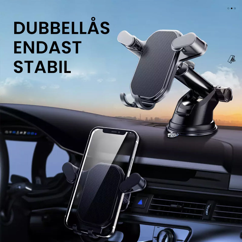 "Svart mobilhållare för bil med krokfäste och 360° rotering. Stabiliseras effektivt mot vibrationer och ojämna vägar."