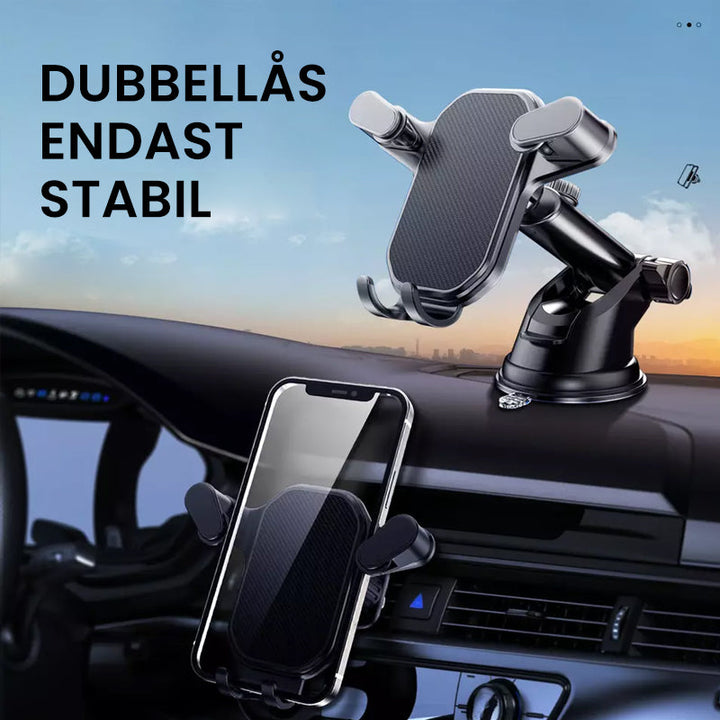 "Svart mobilhållare för bil med krokfäste och 360° rotering. Stabiliseras effektivt mot vibrationer och ojämna vägar."