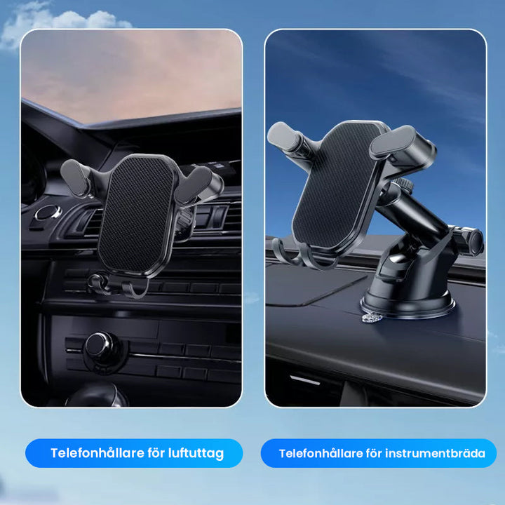 "Svart mobilhållare för bil med krokfäste och 360° rotering. Stabiliseras effektivt mot vibrationer och ojämna vägar."