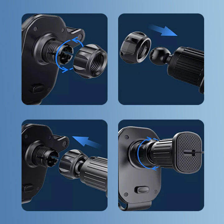 "Svart mobilhållare för bil med krokfäste och 360° rotering. Stabiliseras effektivt mot vibrationer och ojämna vägar."