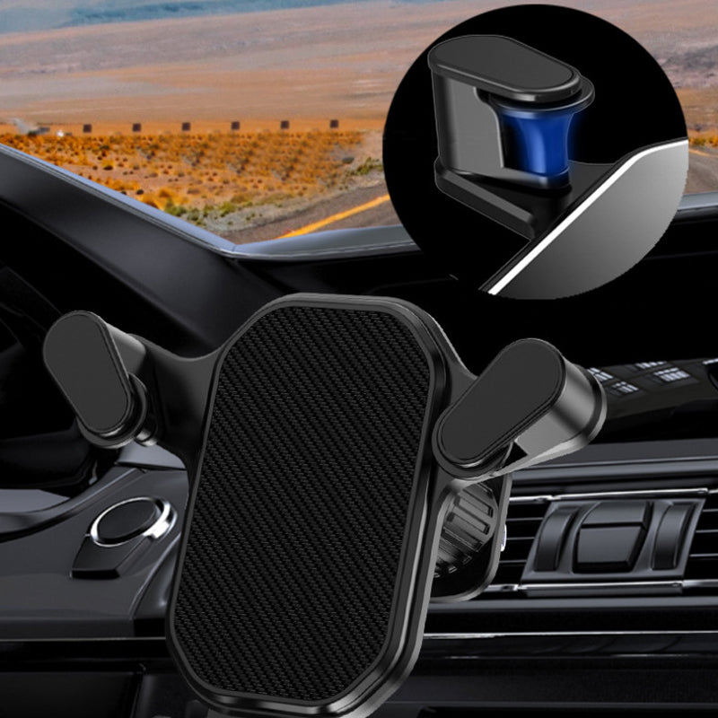 "Svart mobilhållare för bil med krokfäste och 360° rotering. Stabiliseras effektivt mot vibrationer och ojämna vägar."