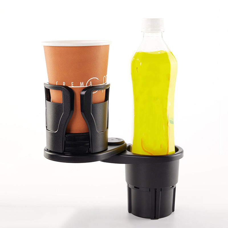 "Svart modern bil mugghållare med justerbar bas och shockproof kuddar, kompakt design för två drycker, 360° roterbar."