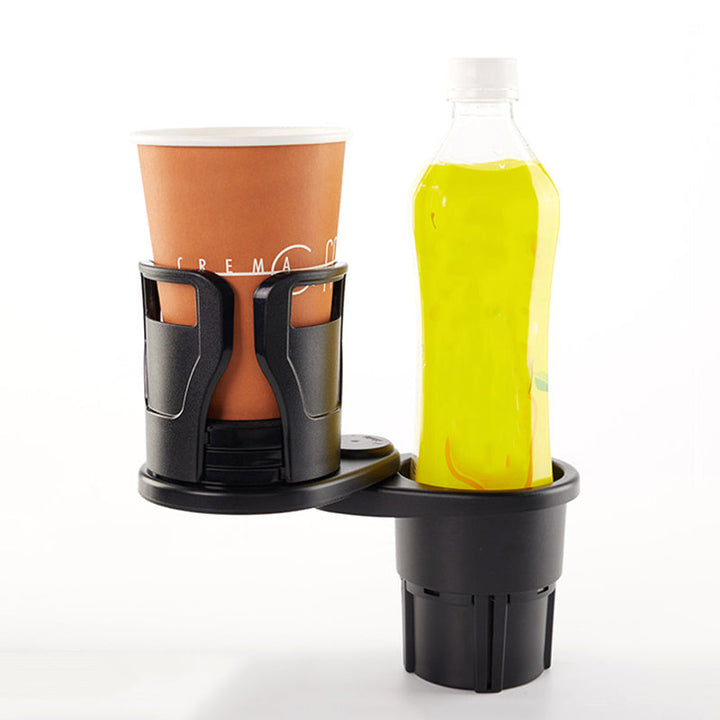 "Svart modern bil mugghållare med justerbar bas och shockproof kuddar, kompakt design för två drycker, 360° roterbar."