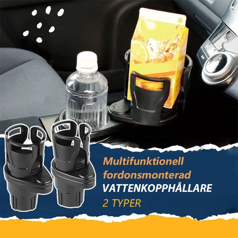 "Svart modern bil mugghållare med justerbar bas och shockproof kuddar, kompakt design för två drycker, 360° roterbar."