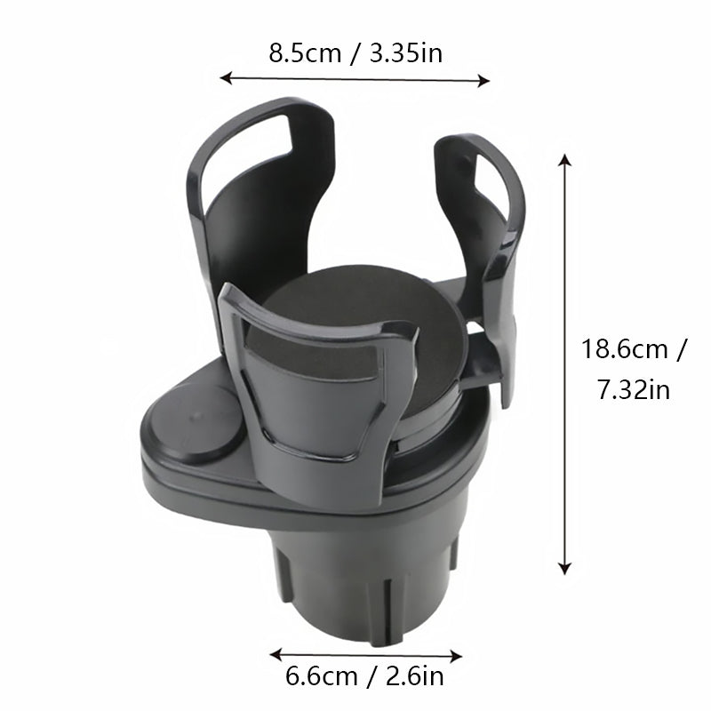 "Svart modern bil mugghållare med justerbar bas och shockproof kuddar, kompakt design för två drycker, 360° roterbar."