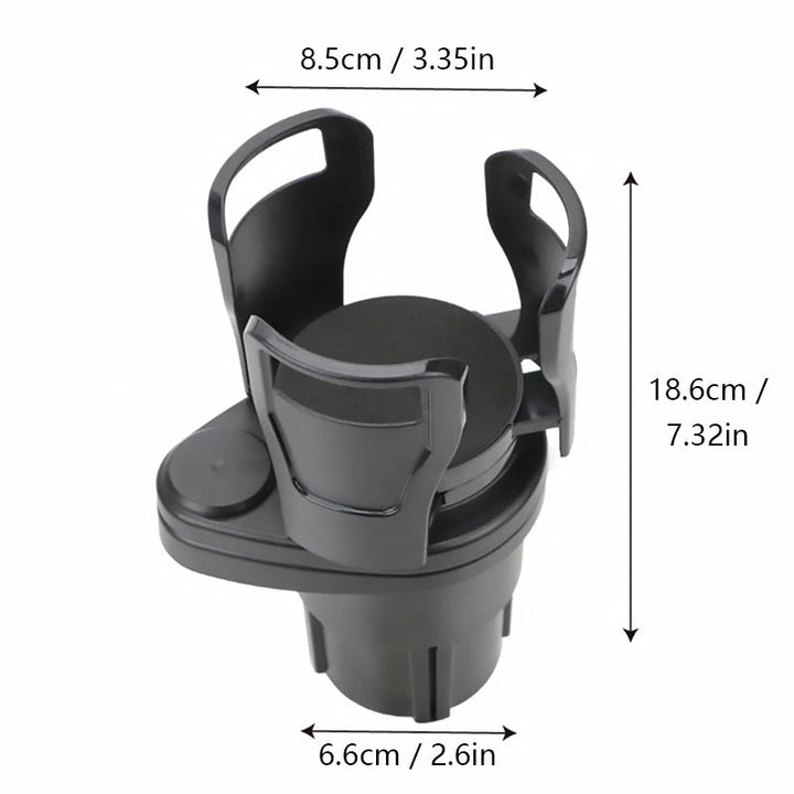 "Svart modern bil mugghållare med justerbar bas och shockproof kuddar, kompakt design för två drycker, 360° roterbar."