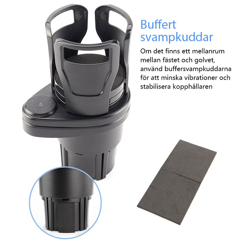 "Svart modern bil mugghållare med justerbar bas och shockproof kuddar, kompakt design för två drycker, 360° roterbar."