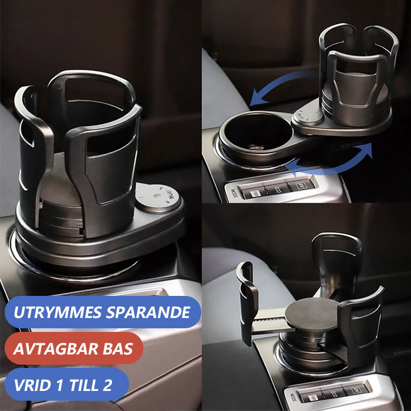 "Svart modern bil mugghållare med justerbar bas och shockproof kuddar, kompakt design för två drycker, 360° roterbar."