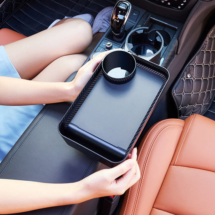 "Svart multifunktionell mugghållare för bil med matbricka, justerbar design, passar i de flesta fordon, enkel rengöring."