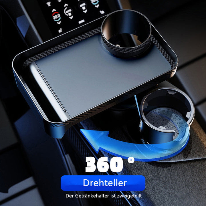 "Svart multifunktionell mugghållare för bil med matbricka, justerbar design, passar i de flesta fordon, enkel rengöring."