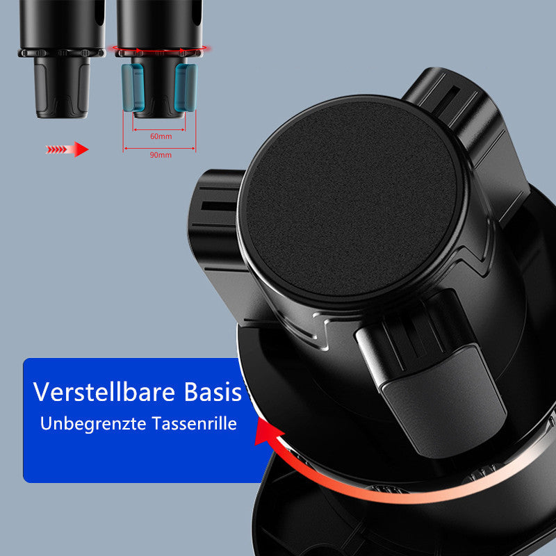 "Svart multifunktionell mugghållare för bil med matbricka, justerbar design, passar i de flesta fordon, enkel rengöring."